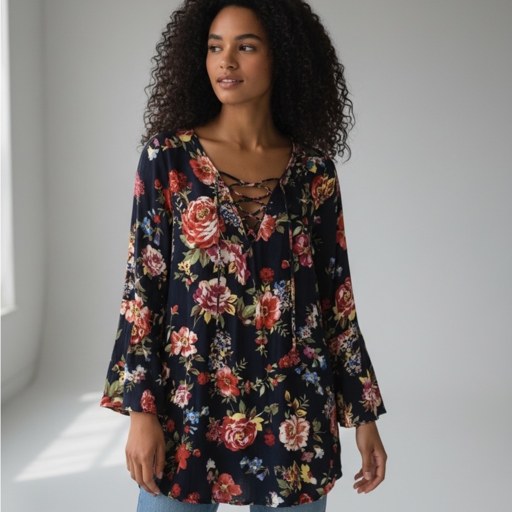 OLIVACEOUS | Women’s Navy Floral Lace-up Bell Sleeve Mini Dress size Medium